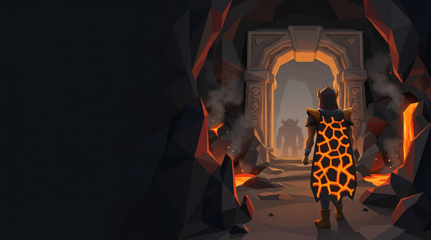 Retro OSRS-inspired adventurer wearing an Infernal cape at a volcanic cave entrance